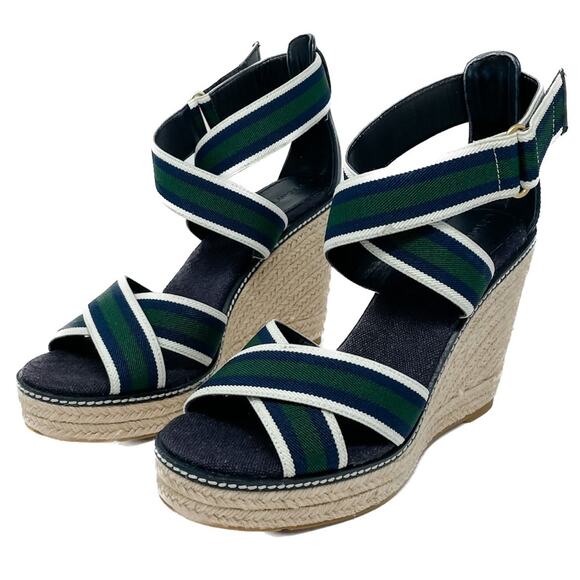 Tory Burch Frieda Green Navy White Stripe Canvas Leather Espadrilles size 9.5 - Picture 7 of 13